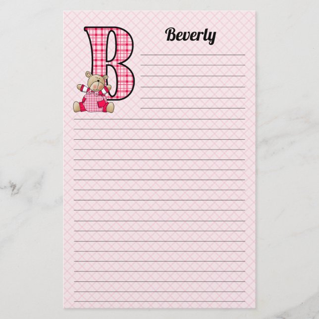Girl's Mit Monogramm Letter B Teddy Bär Lined Briefpapier (Vorderseite)
