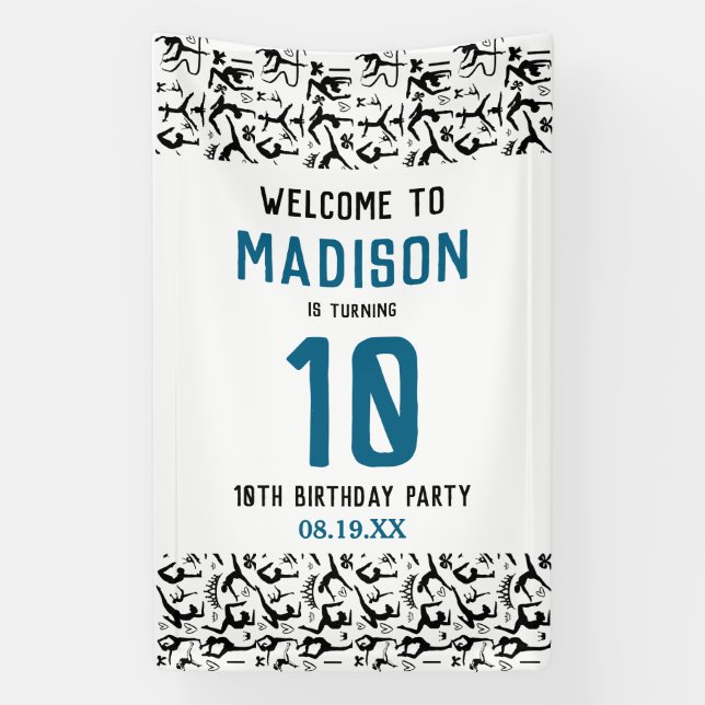 Girls Modern Black Gymnastics Kids 10th Birthday Banner (Vertikal)