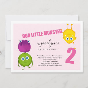 Girl's Monster Erster 2. Geburtstag Party Einladun Dankeskarte