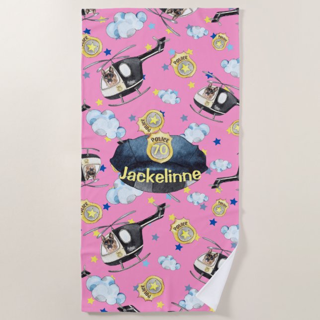 Girl's Name Cute Blue Police Hat Beach Towel Strandtuch (Vorderseite)