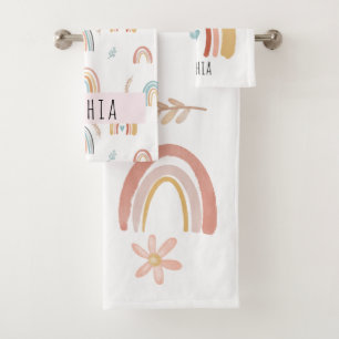 Girls Niedlich Boho Wasserfarben Rainbows und Blum Badhandtuch Set
