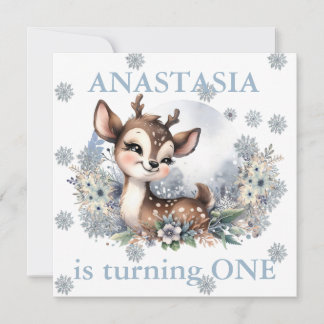 Girls Niedlich Deer Forest Winter Thema Birthday B Einladung