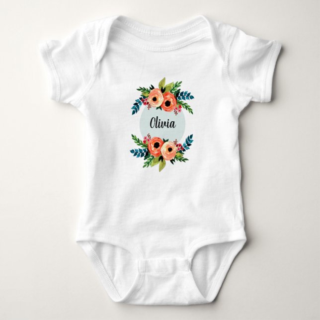 Girls Niedlich Floral Wasserfarbe Blume & Name Baby Strampler (Vorderseite)