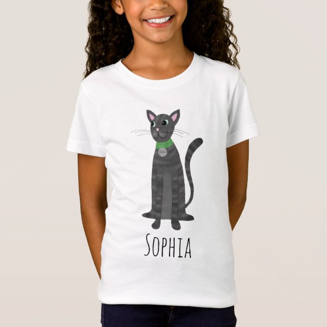 Girls Niedlich Grau Tabby Kitty Cat & Name Kinder T-Shirt (Vorderseite)