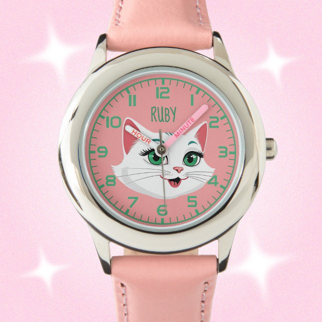 Girls Niedlich Kitty Cat Name White Pink Minze Armbanduhr (Von Creator hochgeladen)