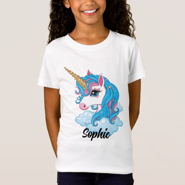 Girls Niedlich Magical Blue Unicorn & Name T - Shi T-Shirt (Vorderseite)