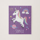 Girls Niedlich Magical Lila Unicorn & Name Kinder Puzzle<br><div class="desc">Dieses niedliche und moderne Puzzle-Design verfügt über einen lila Einhorn-Cartoon mit Regenbogen,  Prinzessin-Krone,  Herz,  Sterne und Planet und kann mit Ihrem Mädchennamen personalisiert werden. Das perfekte magische und gürtliche Geschenk für jeden Einhornliebhaber!</div>