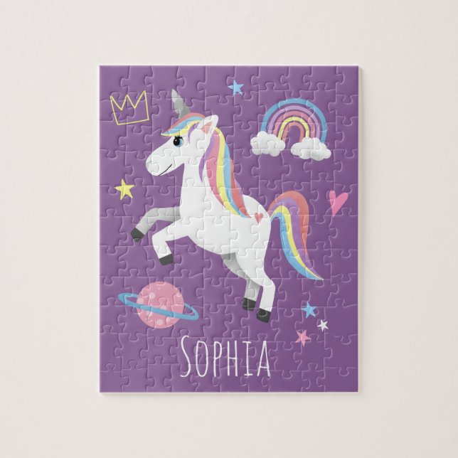 Girls Niedlich Magical Lila Unicorn & Name Kinder Puzzle (Vertikal)