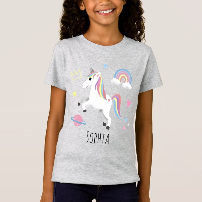 Girls Niedlich Magical Lila Unicorn & Name T-Shirt (Vorderseite)