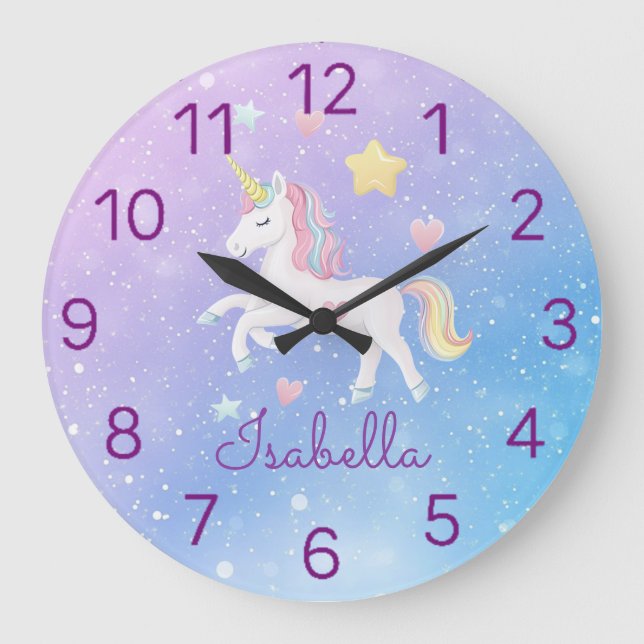 Girls Niedlich Magical Unicorn Personalisiert Große Wanduhr (Vorderseite)