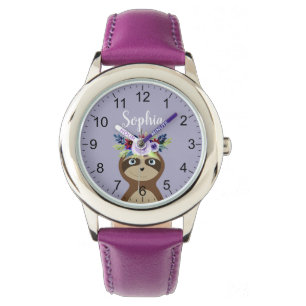 Girls Niedlich Modern Sloth Watercolor Blume & Nam Armbanduhr