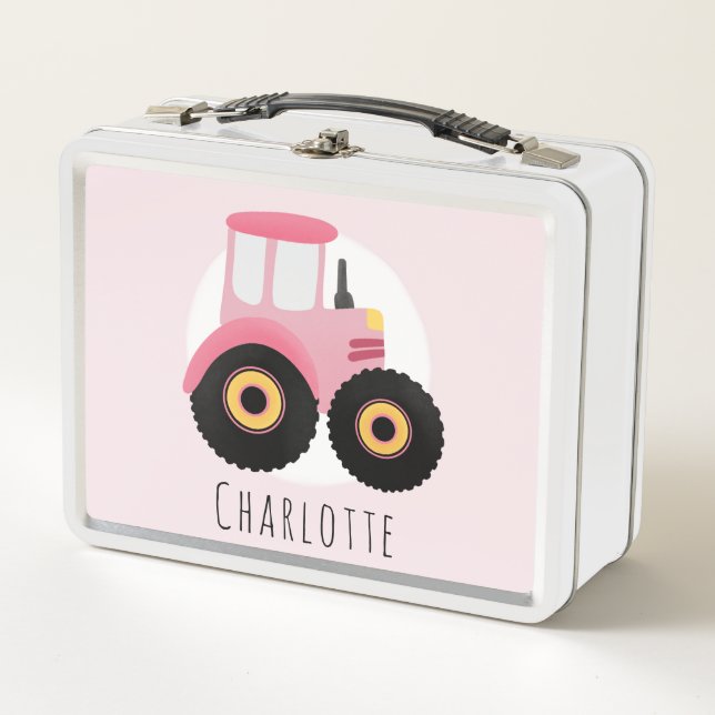 Girls Niedlich Pink Farm Tractor Kinderschule Metall Brotdose (Vorderseite)