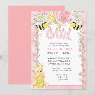 Girls Niedliche Bienen und Honey Bear Baby Shower Einladung