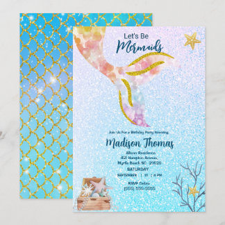 Girls Niedlicher Glitzer Mermaid Sea Geburtstagspa Einladung