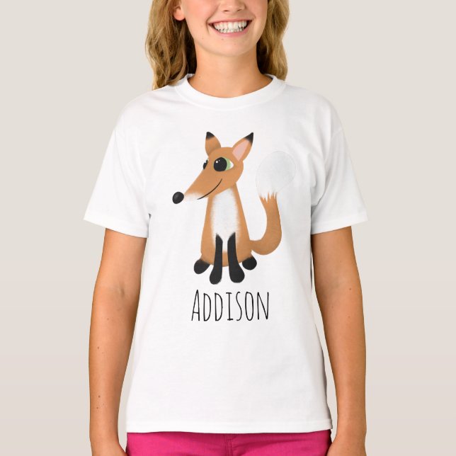 Girls, Niedlicher Waldwald Fox und Name T-Shirt (Vorderseite)