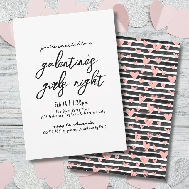 Girls Night Handgeschriebene Herz Galentinstag Einladung (Girls Night Handwritten Hearts Galentine's Day Invitation)