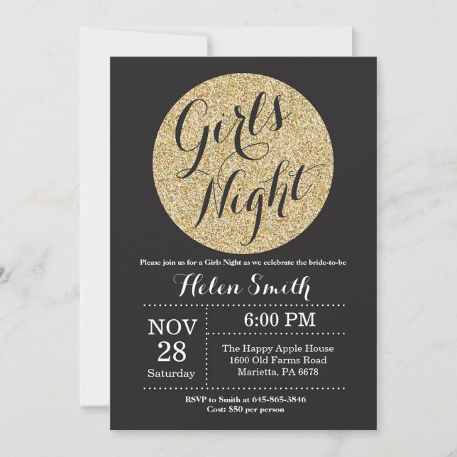Girls Night Out Black and Gold Glitzer Einladung (Vorderseite)
