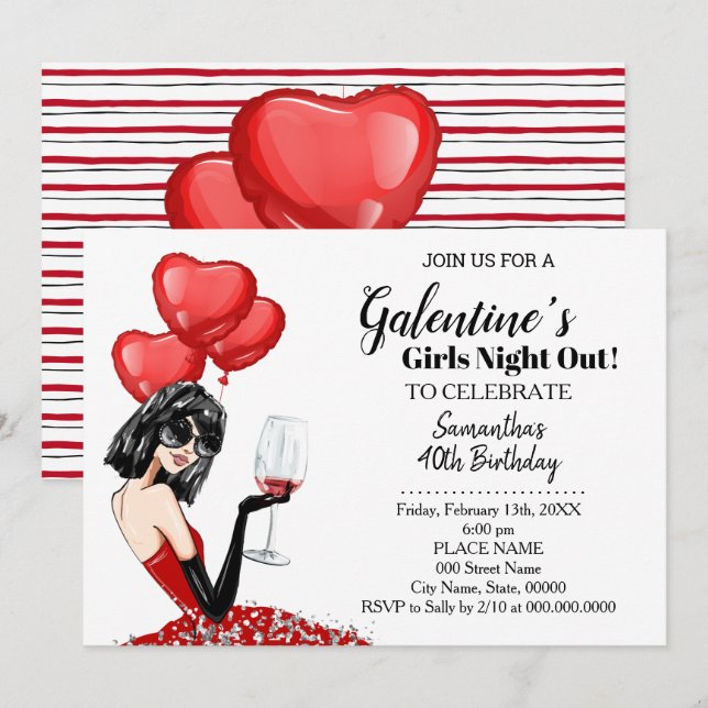 Girls Night Out Galentiner Geburtstagsparty Einladung (Vorne/Hinten)
