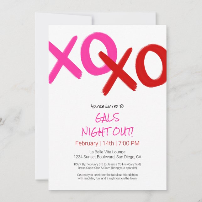 Girls Night Out Niedlich Pink XOXO Galentine Day P Einladung (Vorderseite)