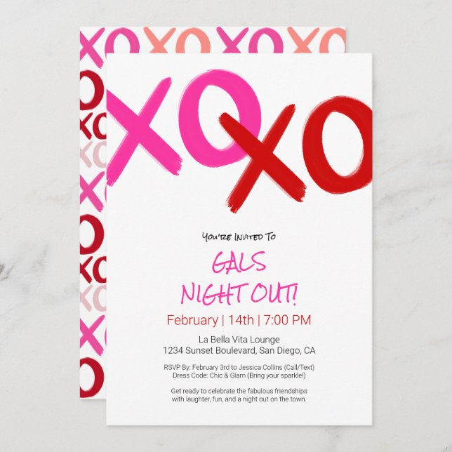 Girls Night Out Pink XOXO Rotes Galentinisches Par Einladung (Vorne/Hinten)