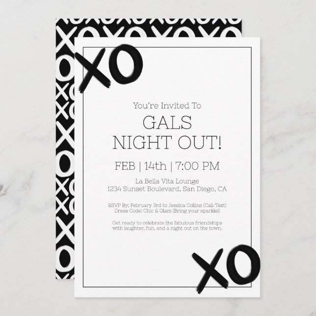 Girls Night Out XOXO Schwarz-weißes Galentine-Part Einladung (Vorne/Hinten)