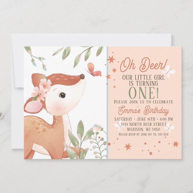 Girls Oh Deer Birthday Party Einladung (Vorderseite)