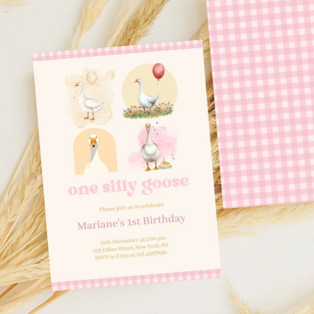 Girls One Albern Goose Pink First Birthday Gingham Einladung (one silly goose, 1st birthday, farm, girls first birthday girl, pink gingham, whimsical, pastel pink)