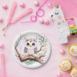 Girl's Owl Baby Shower Forest Adventure Pappteller