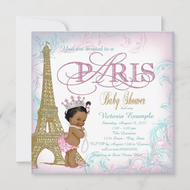 Girls Paris Baby Shower Pink Aquamarine Perlen Einladung (Vorderseite)