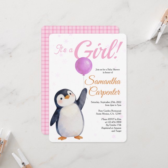 Girl's Penguin Pink Baloon Watercolor Baby Shower Einladung (Vorderseite/Rückseite Beispiel)