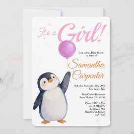 Girl's Penguin Pink Baloon Watercolor Baby Shower Einladung