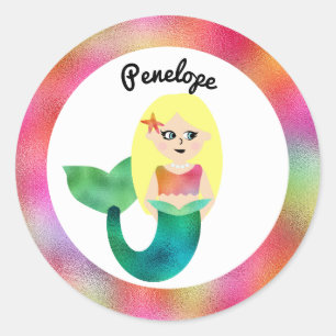Girls Personalisiert Blonde Imitate Foil Mermaid P Runder Aufkleber