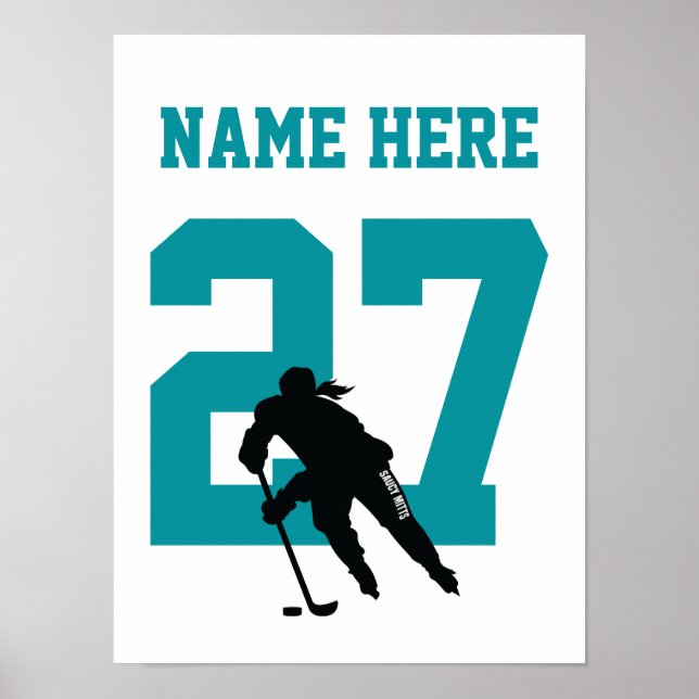 Girls Personalisiert Hockey Player Nummer Aquamari Poster (Vorne)