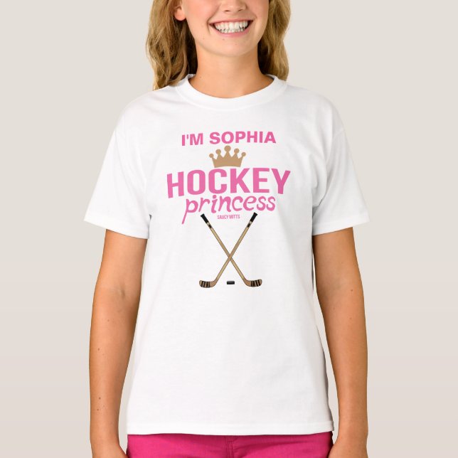 Girls Personalisiert Hockey Princess Name Pink T-Shirt (Vorderseite)