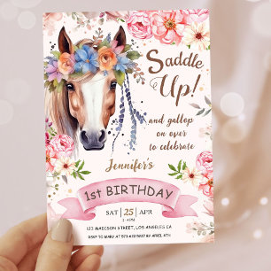 Girls Pferd 1. Geburtstag Pink Floral Cowgirl Einladung