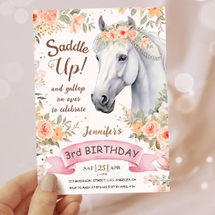 Girls Pferd 3. Geburtstag Rosa Blumensattel Einladung