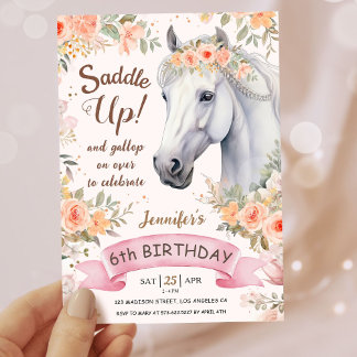 Girls Pferd 6. Geburtstag Rosa Blumensattel Einladung