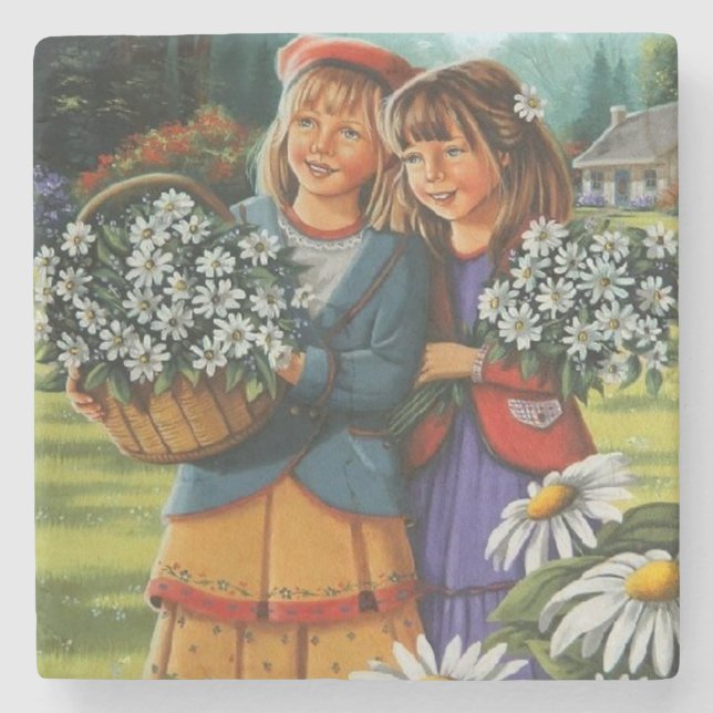 Girls Picken Blume Kunst und Kultur Steinuntersetzer (Vorderseite)