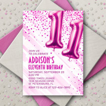 Girls Pink 11. Geburtstag Einladung