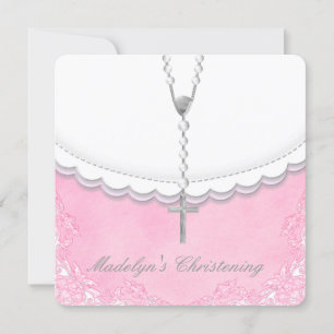 Girls Pink and Gray Christening Einladung