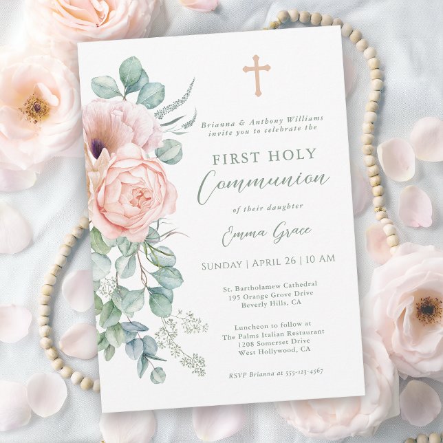 Girl's Pink and Sage Green Floral First Communion Einladung (Available in both printed and instant download digital formats.)