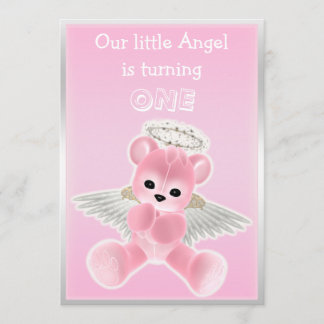Girl's Pink Angel Teddy Bear Erster Geburtstag Par Einladung