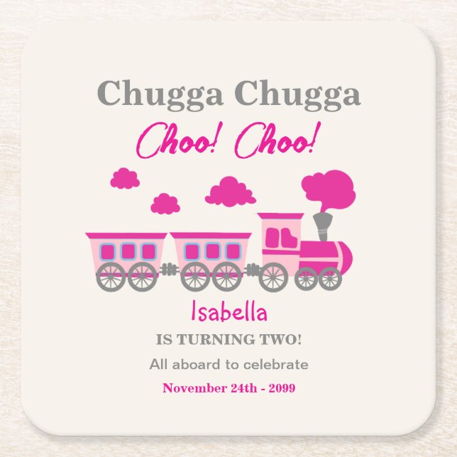 Girls Pink Bahn 2. Geburtstag Party Rechteckiger Pappuntersetzer (Vorderseite)