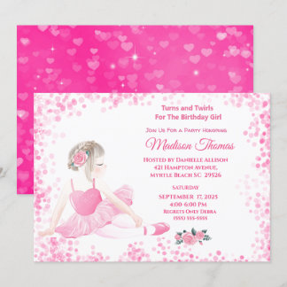 Girls Pink Ballerina Sparkle Herts Geburtstagspart Einladung