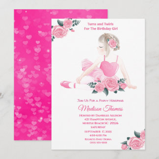 Girls Pink Ballerina Sparkle Herts Geburtstagspart Einladung