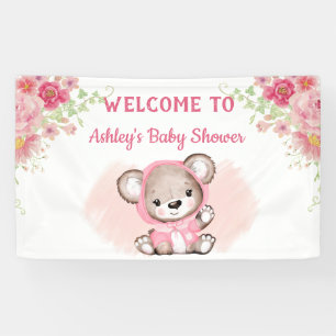 Girls Pink Bear Floral Custom Baby Duschbanner Banner