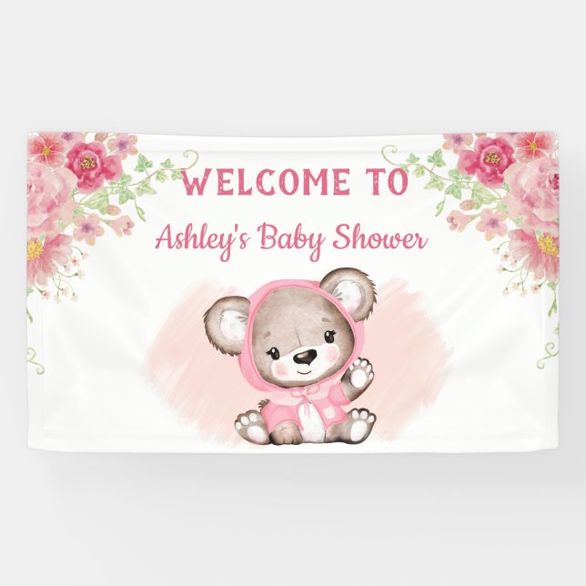 Girls Pink Bear Floral Custom Baby Duschbanner Banner (Horizontal)