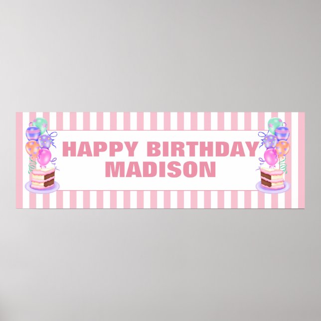 Girls Pink Birthday Cake und Balloon Personalisier Poster (Vorne)
