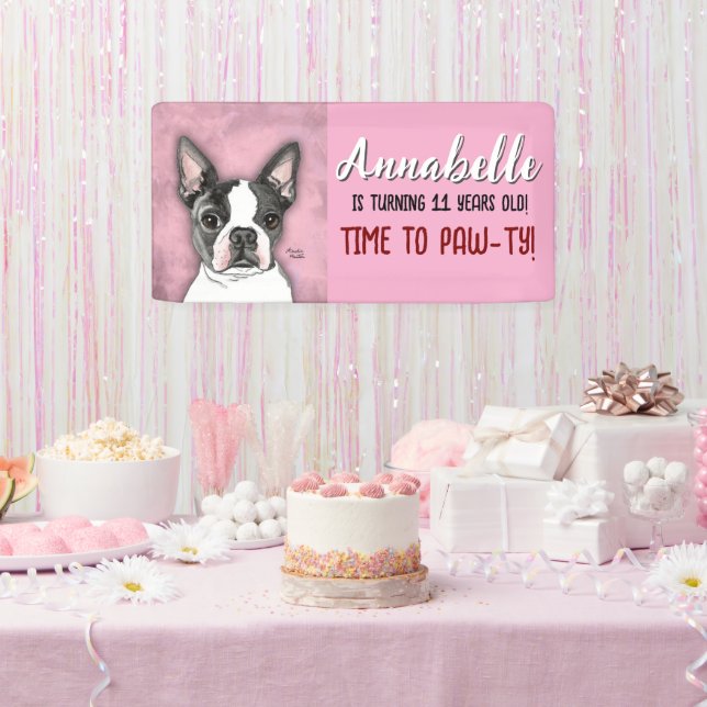 Girls Pink Birthday Party Banner Boston Terrier (Party)