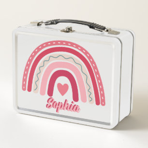 Girls Pink Boho Personalisiert Rainbow Kinderschul Metall Brotdose